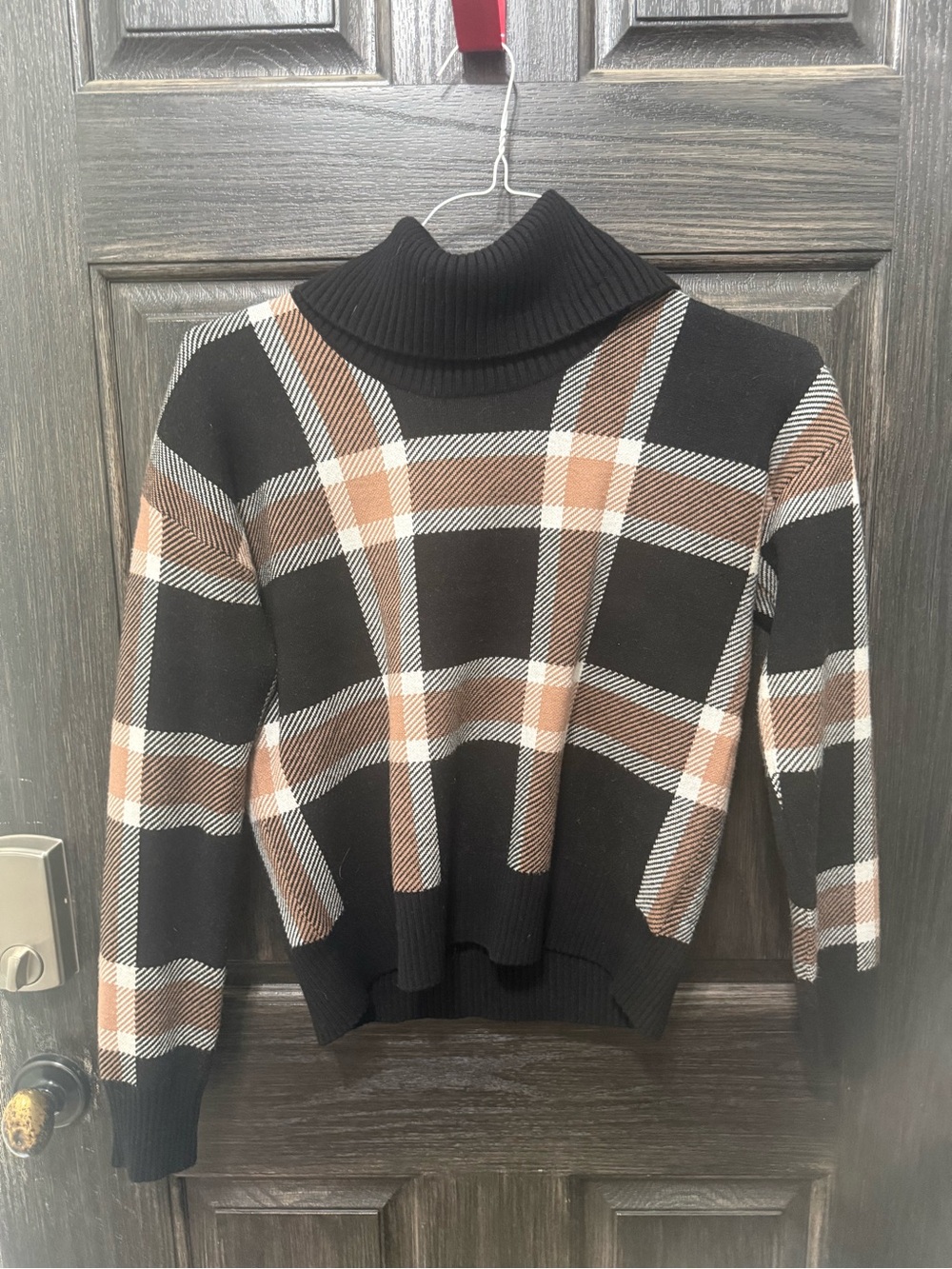 Max Studio Black Plaid Turtleneck Sweater with Tan and White Accents